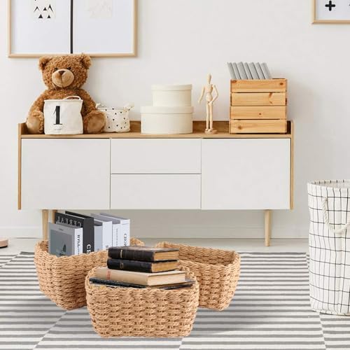 ASelected Wicker Storage Baskets,Woven Paper Rope Storage Boxes Bins,Large Storage Cubes Baskets Organizer For Cupboards Drawer Closet Shelf Dresser, Set Of 3 (Desert) - Image 7