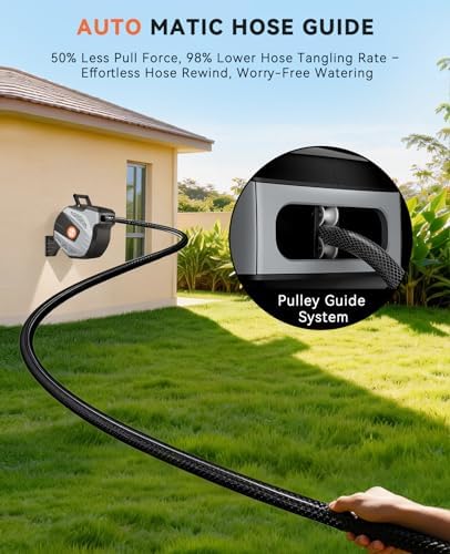 SUNPOW Retractable Garden Hose Reel - 1/2 inch x 115ft Heavy Duty Wall Mounted Hose Reel with 3/4 inch Brass Fitting & 10 Sprayer Nozzle - Any Length Lock, Auto Rewind System, 180°Swivel Bracket- Grey - Image 4