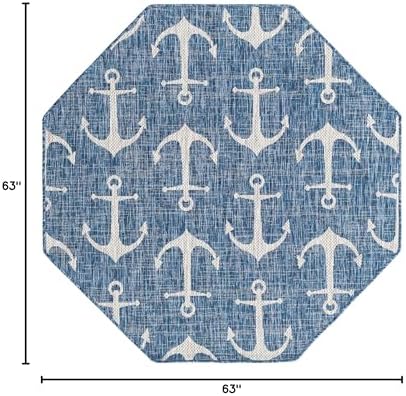 Unique Loom Outdoor Coastal Collection Area Rug - Ahoy (5' 3" Octagon, Blue/ Ivory) - Image 2