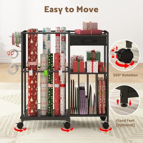 Wrapping Paper Storage Cart, Rolling Gift Wrap Station with Drawer & Hooks - Image 6