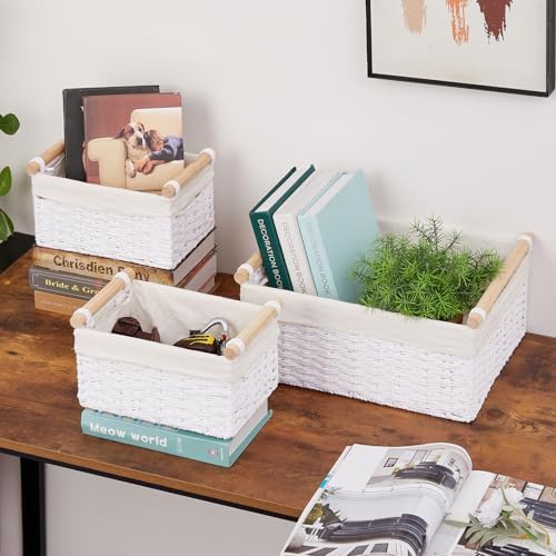 Vagusicc Wicker Storage Basket, Set of 3 Hand-woven Storage Baskets for Organizing, Large Cube Storage Organizer Baskets Bins with Handles for Shelves Decor, Small Toilet Paper Storage Basket, White - Image 6