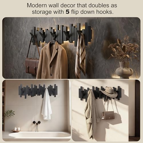 Coat Rack Wall Mount Piano Flip Down Wall Hook Rack 5 Hooks Oak - Image 2