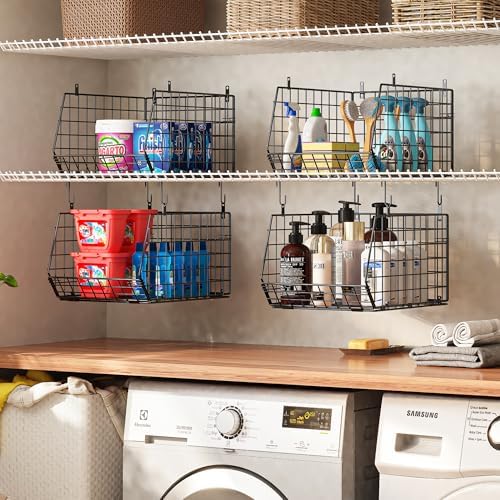 4" Extra Deeper Hanging Closet Organizers and Storage,4 Tier Foldable Wire Cabinet Shelves with 5 S Hooks,Small Metal Basket Bins for Clothes Sweaters Handbags, Wardrobe for Kitchen Laundry Room，Black - Image 2