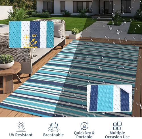 Garvee Modern 9x12 Outdoor Rug Colorful Striped Blue Plastic Straw Rugs - Image 7