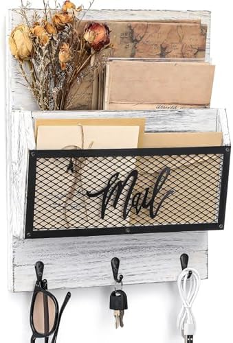 Yalikop Farmhouse Mail Organizer Wall Mounted Rustic Mail Holder Hanging Key Sorter with 3 Hooks Indoor Wooden Wall Mounted, Letter, Magazines, Newspapers, Keys(Classics,White Gray) by Yalikop