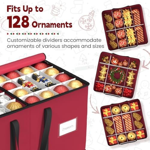Sunvigor Christmas Ornament Storage Box with 8 Trays, Fits 128 Holiday Ornament Christmas Storage Container with Adjustable Dividers, Dual Zippers, 600D Oxford Christmas Decorations Storage(Rose Red) - Image 4