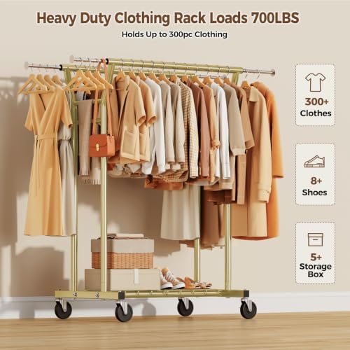 HYSEYY Heavy Duty Clothes Rack, Rolling Clothing Rack for Hanging Clothes with Shelves Load 700LBS,Portable Garment Wardrobe Closet Rack with Wheels for Bedroom,Laundry Room,Retail Store(Gold) - Image 2