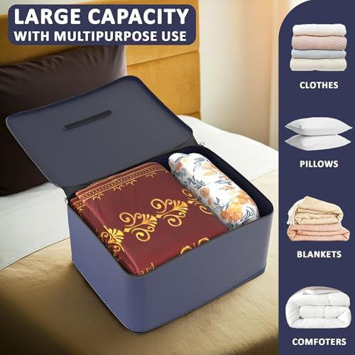 Kuber Industries Pack of 3 Storage Bag | Clothes Storage Bag | Rexine Underbed Storage Bag | Wardrobe Organizer for Blanket-Comforters | Foldable Attachi Bag with Handle | Large | Navy Blue - Image 5
