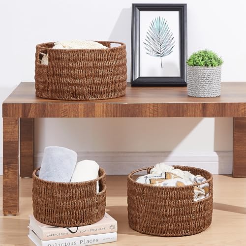 Vagusicc Wicker Storage Basket, Hand-Woven Paper Rope Large Round Woven Basket With Handles, Wicker Baskets for Organizing/Storage, Brown, 3-Pack - Image 6