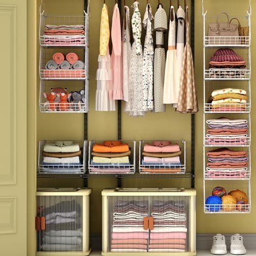 X-cosrack 6 Tier Closet Hanging Organizer, Clothes Hanging Shelves with 4 Hanging Hooks 5 S Hooks, Wire Storage Basket Bins, for Clothing Sweaters Shoes Handbags Clutches Accessories Patent - Image 4