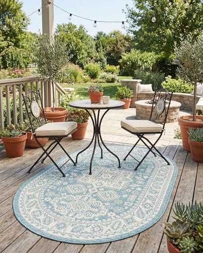 Rugs.com - Outdoor Aztec Rug – 3' 1 x 5' 3 Oval Aqua Indoor/Outdoor Rug – Flatweave Washable Area Rug for Patios, Decks, and Porches by Rugscom