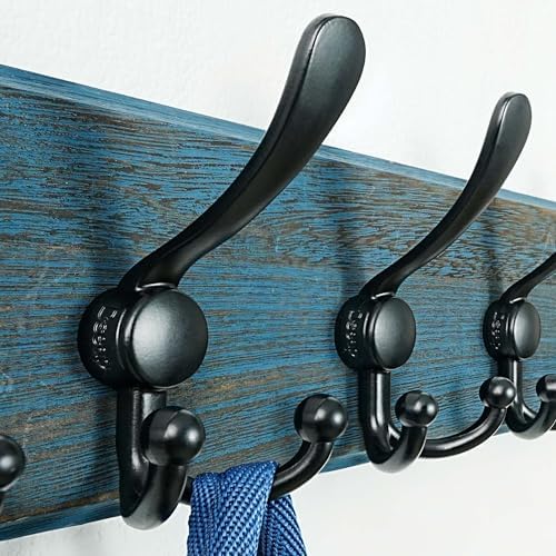 Dseap Coat Rack Wall Mount - Heavy-Duty Robust Barnwood-Style Wooden Wall Coat Hanger Hook Rail with 5 Triple Hooks for Winter Coats Hat Jacket Clothing, Weathered Blue & Black, Pack of 2 - Image 4