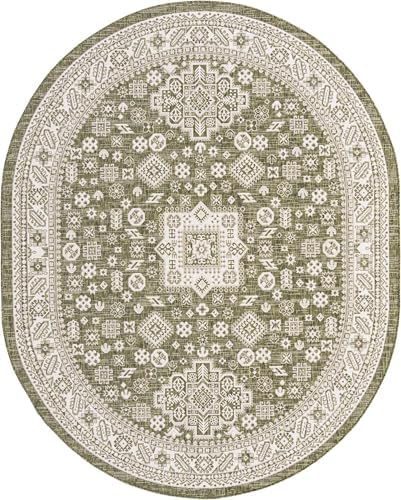 Rugs.com - Outdoor Aztec Rug – 7' 10 x 10' Oval Green Indoor/Outdoor Rug – Washable, Stain-Resistant for Patios, Decks, and Porches - Image 3