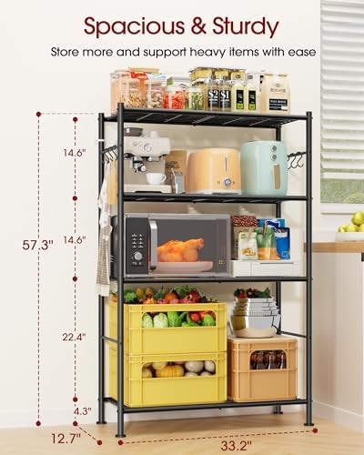 Sakugi 4-Tier Storage Shelves with 6 Hooks, 33.2" x 12.7" x 57.3", Black - Image 3