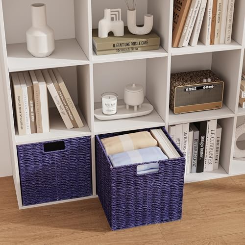 Vagusicc Wicker Storage Basket, Set of 2 Hand-Woven Paper Rope Wicker Basket, Foldable Cube Storage Bins, Square Large Storage Baskets for Organizing Shelves, Decor, Orange (13″×13″×13″) - Image 6