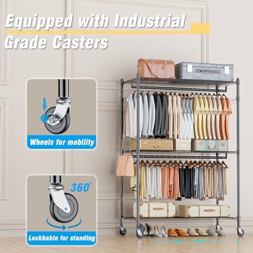 Homdox 3 Tier Heavy Duty Garment Rack with Wheels, Adjustable Wire Clothes Rack with Double Hanging Rods, Portable Closets for Hanging Clothes with Side Hooks, Black - Image 4