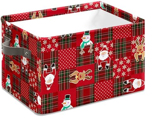 Christmas Baskets,Christmas Red Grid Elk Snowman Foldable Storage Bins with Handles, Decorative Cloth Organizer Storage Boxes 2 2piece - Image 3