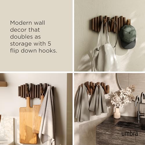 Umbra Picket Coat Rack, Wall Mount 5 Flip-Down Coat Hooks, Walnut - Image 4