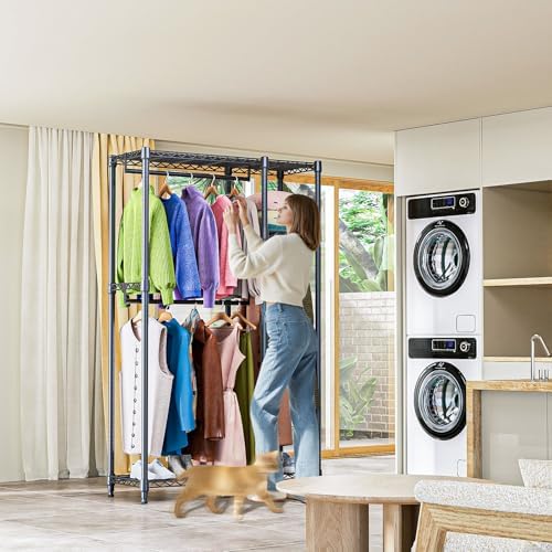 M MZG Heavy Duty Rolling Garment Rack 3 Tiers Adjustable Wire Shelving Clothes Rack with 3 Rods and Side Hooks,Storage Closet Clothing Rack Black 15.7" D x 43.3" W x 76.5" H - Image 6