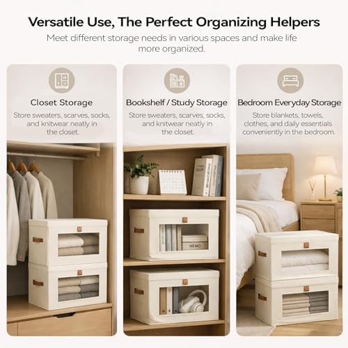 6-Pack Collapsible Stackable Storage Bins with Lids, Beige - Image 5