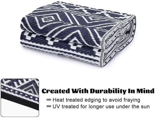 Outdoor Rug for Patio 6x9 Waterproof Reversible Patio Mat Vintage Boho Plastic Straw Rug Lightweight Outdoor Camping Rugs for RV Porch Deck Balcony Backyard Easy Clean Picnic Mat, Navy White - Image 3