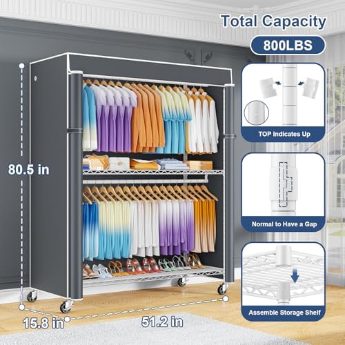 ULIFHOME P8C Max Heavy Duty Clothes Rack（With Extended Width Design） Rolling Clothing Racks for Hanging Clothes with Lockable Wheels，51.2" W x 15.8" D x 80.5" H，Load 800LBS，White Rack with Grey Cover - Image 2