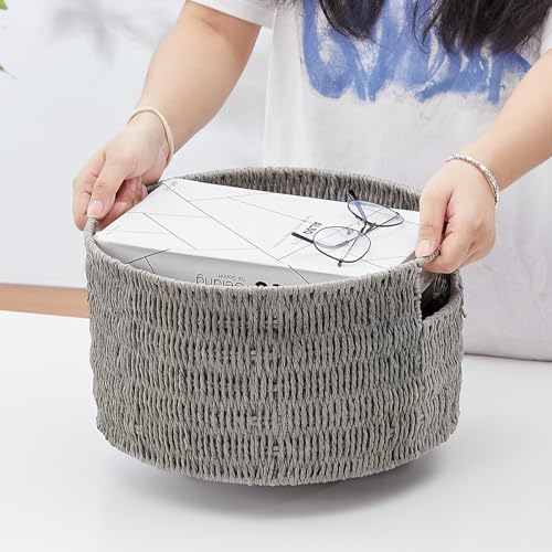 Vagusicc Wicker Storage Basket, Hand-Woven Paper Rope Large Round Woven Basket With Handles, Wicker Baskets for Organizing/Storage, Grey, 3-Pack - Image 5