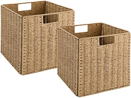 Vagusicc Wicker Storage Basket, Set of 2 Hand-Woven Wicker Basket, 11 inch Storage Baskets for Organizing and Decor, Foldable Cube Storage Organizer Bins Baskets for Shelves, Woven Basket, Natural by Vagusicc