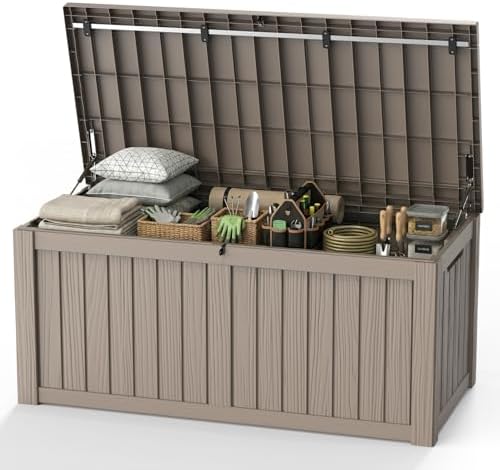 Outdoor Waterproof Resin Storage Deck Box Lockable Outside Bench UV Resistant Bin Patio Porch Furniture Pool Float Garden Tool Cushion (Grey, 150 Gallon) by MAIUSCOLI