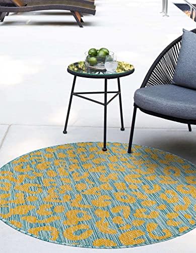 Unique Loom Outdoor Safari Collection Area Rug - Leopard (13' Round, Blue Yellow/ Blue) - Image 4