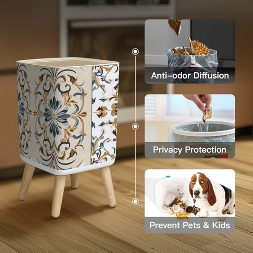 Small Trash Can with Lid Seamless Azulejo tile Portuguese Spain decor Ceramic tile Victorian Wastebasket with Press Cover Dog Proof Garbage Can Waste Bin for Kitchen Bathroom Nursery 2.6 Gallon - Image 3