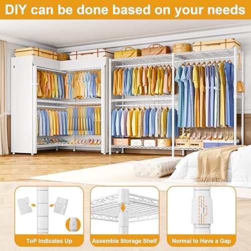 ULIFHOME E15C Pro Garment Rack L Shaped Clothes Rack for Corner，Freestanding Clothing Racks for Hanging Clothes，Heavy Duty Closet System 48.8"W x 15.8"D x 78.4"H，White Rack with White Dustproof Cover - Image 6