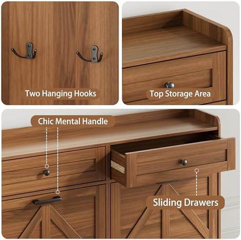 Shoe Cabinet with 4 Flip Drawers & 2 Top Drawers, 43" Tall Freestanding Narrow Wooden Shoe Storage Organizer for Entryway, Hidden Slim Shoe Rack for Front Door Entrance, Hallway, Living Room, Walnut - Image 6