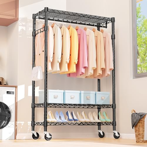 M MZG Heavy Duty Rolling Garment Rack 3 Tiers Adjustable Wire Shelving Clothes Rack with Rods and Side Hooks,Storage Closet Clothing Rack with Wheels Black 17.7" D x 47.2" W x 83.6" H - Image 4
