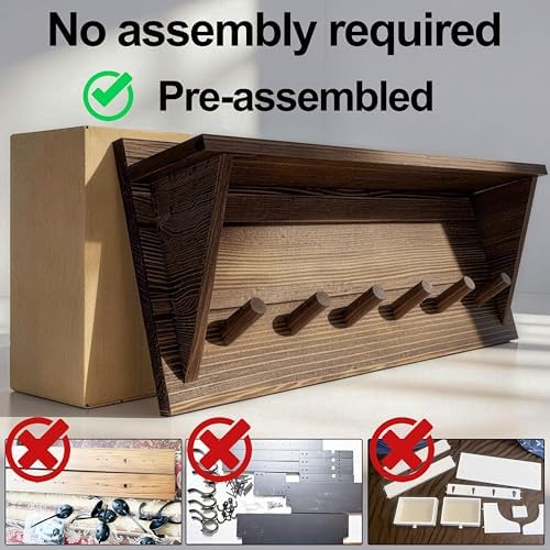 WEBI Coat Rack Wall Mount with Shelf,24" Long Entryway Wall Shelf with Hooks Underneath,6 Peg Hooks for Hanging Coats,Caps,Jacket,Clothes,Brown - Image 5
