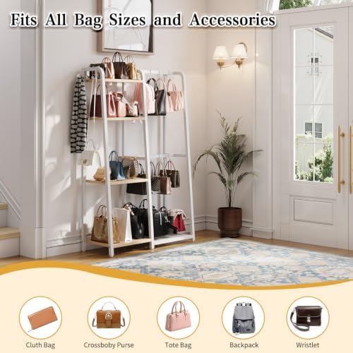 HavenlyYouth Purse Storage Organizer for Closet, 4-Tier Iron Wood Purse Rack, 8 Purse Hooks & 2 Side Hooks for Bag Organizer, Large Capacity Handbag Storage Rack for Home, Living Room, White - Image 4