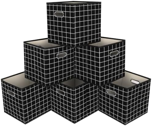 Fabric Cubby Storage Bins,13x13x13 Inches,Cube Organizer Bin Foldable Storage Boxes with Dual Handles Fabric Organizer Box and collapsible Storage basket,Set of 6,Black grid by Yunkeeper