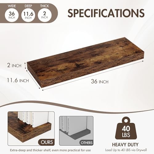 Acovy 36 Inch Floating Shelves, 12" Deep Floating Shelf Wall Mounted, 36" Wall Shelves, Rustic Deep Bookshelf, Extra Deeper & Thicker Display Shelves for Bedroom, Living Room, Brown, Set of 2 - Image 4