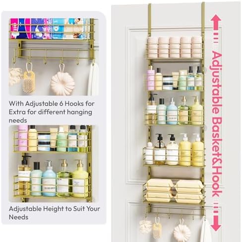 SWTYMIKI Over The Door Organizer - Door Organizer Hanging with 5 Adjustable Metal Large Capacity Basket and 6 Coat Hook, Wall Mounted Shelf for Bedroom Closet Bathroom Laundry Pantry Cabinet Kitchen - Image 6
