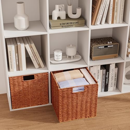 Vagusicc Wicker Storage Basket, Set of 2 Hand-Woven Paper Rope Wicker Baskets, Foldable Cube Storage Bins, 11 inch Storage Basket, Square Baskets for Organizing Shelves & Decor, Orange (11″×11″×11″) - Image 3