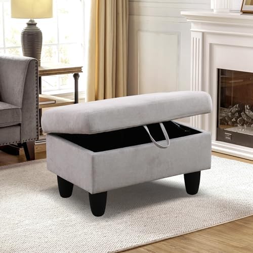 28.5'' Ottoman with Storage, Flannel Ottoman Foot Rest for Living Room Upholstered Footstool, Perfect Storage Ottoman Bench Bag Floor Chair for Bedroom or Entryway, Grey White - Image 3