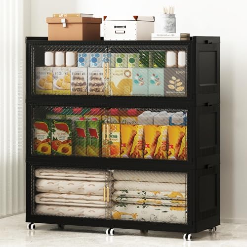 SAILUN 240Gal Extra Large Stackable Storage Bins with a Lid, Collapsible Storage Bins With Doors and Wheels, Foldable Storage Cabinet for Garage Closet Organization, Black, 3Pack 39.4" W by SAILUN