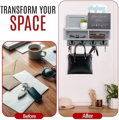 Spacelog Key and Mail Holder for Wall with Chalkboard – Magnetic Picture Frame Key Holder Wall Mount, Grey, Dual Storage & Cupboards - Image 7