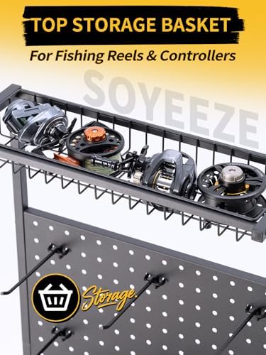 SOYEEZE Fishing Rod Holders for Garage,Fishing Gear Holder for Fishing Rod Tackle Box Storage，Fishing Pole Holders for 12 Rods with Hooks and Pegboard,Fishing Cart with Reel Rack, Standard Size - Image 4