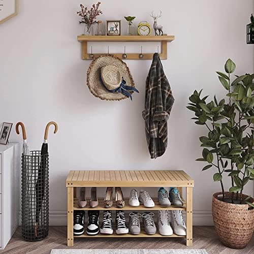 SMIBUY Coat Hooks with Shelf Wall-Mounted, 29.2 Inch Entryway Coat Rack for Wall, Bamboo Hanging Shelf with 5 Double Metal Hooks for Bathroom, Bedroom, Kitchen, Living Room, Mudroom (Natural) - Image 5
