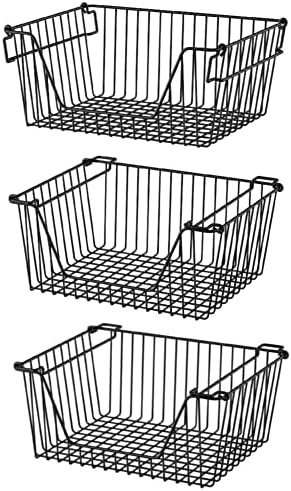Slideep Wire Storage Baskets, Freezer Baskets Farmhouse Stackable Organizer Storage Bins Large Organizer for Storage, Office, Bathroom, Pantry Organization Storage with Handles 14" Black -Set of 3 by WelcometotheSlideep