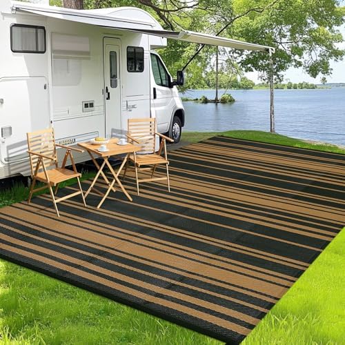 GAOMON 8x10 Modern Lines Reversible Outdoor Rug Waterproof Geometric Striped Plastic Straw Outdoor Rug UV-Resistant Portable Outdoor Large Carpet Mat for Camping Patio Balcony Picnic Black Brown - Image 3