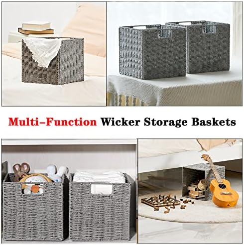 Vagusicc Wicker Storage Basket, Set of 2 Hand-Woven Storage Baskets for Shelves with Handles, Foldable Cube Storage Baskets Bins Organizer 13 inch Large Wicker Baskets for Pantry Bedroom Decor, Grey - Image 6