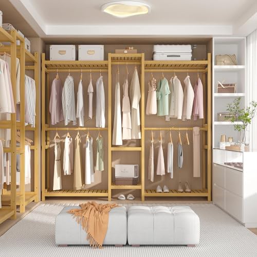 Homykic Bamboo Clothing Rack with 7 Shelves, 5 Hang Rods, 70” Wide, Natural - Image 2