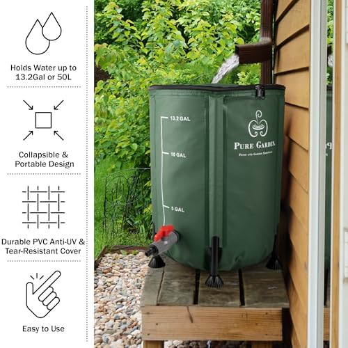 Rain Barrel - 13.2-Gallon/50-Liter Collapsible Water Container for Catching Rainwater - Portable Water Tank with Outflow Valve by Pure Garden (Green) - Image 4